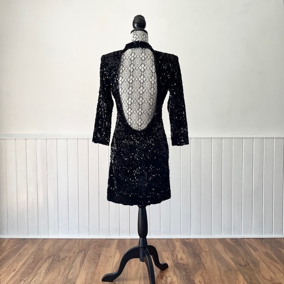 Zara Basic Black Mock Neck Open Back 3/4 Sleeve Sequin Mini Dress Size L - Picture 6 of 15